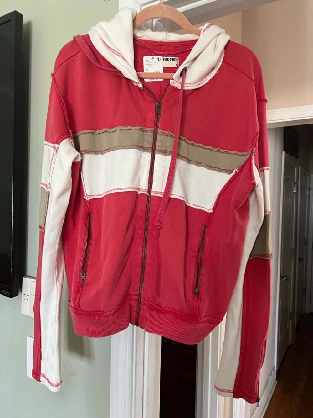 We the Free Red & White Zip Hoodie with Tan Stripe